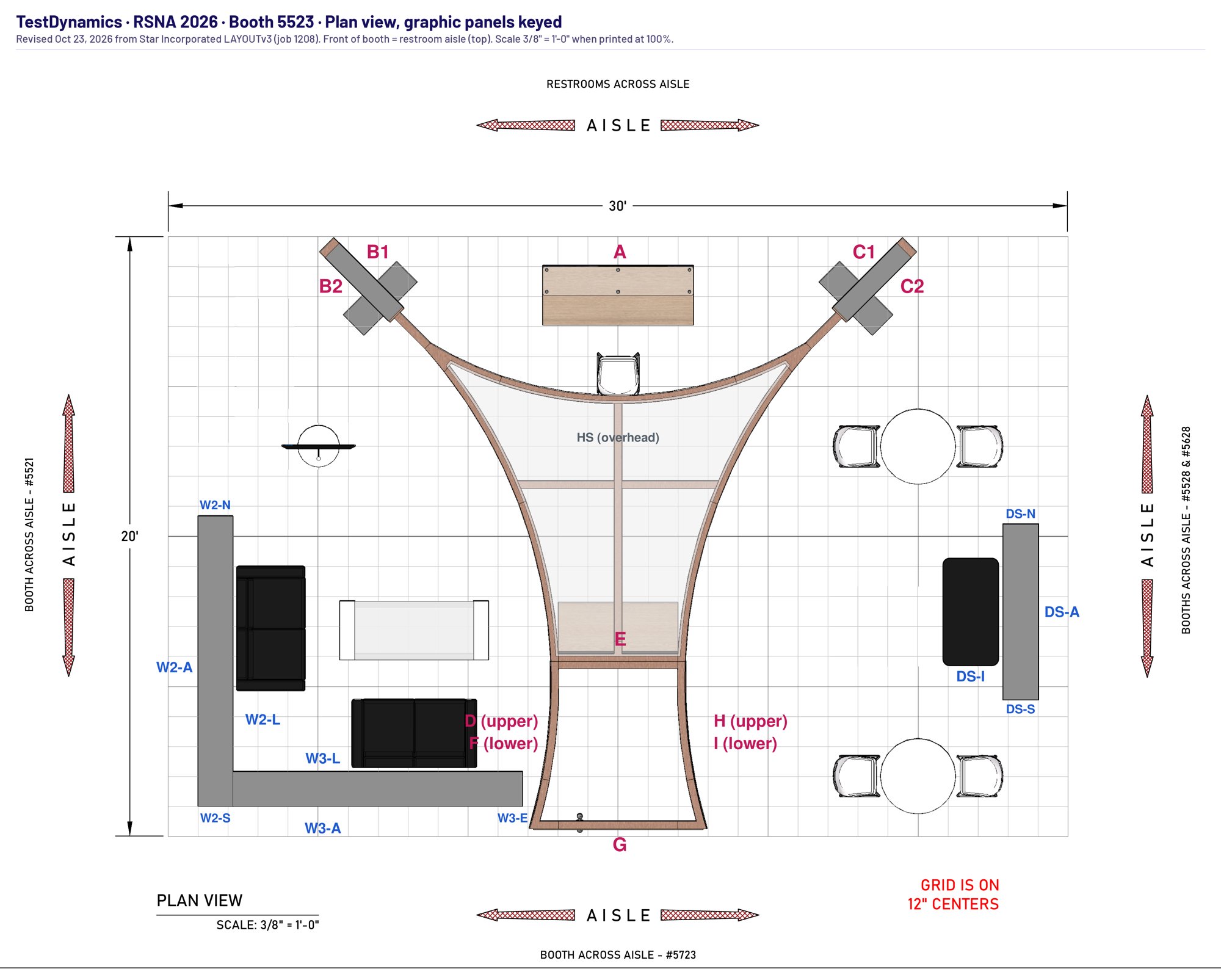 Booth 5523 plan view with graphic panel letters A through I, W2, W3, DS and the tower faces B1, B2, C1, C2